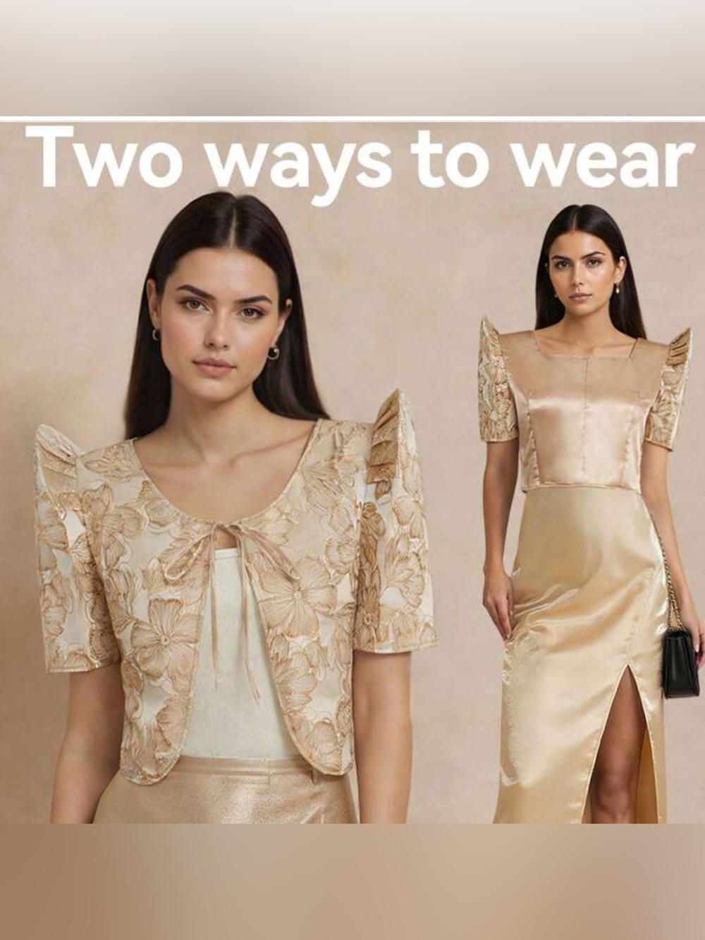 Filipiniana Bolero Blouse Gold Satin Wear Two Ways w/ Floral Embroidered Jacket